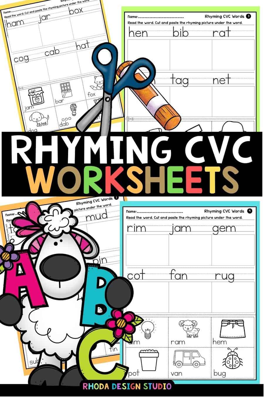rhyming cvc worksheets early phonics practice literacy SOR cut and paste