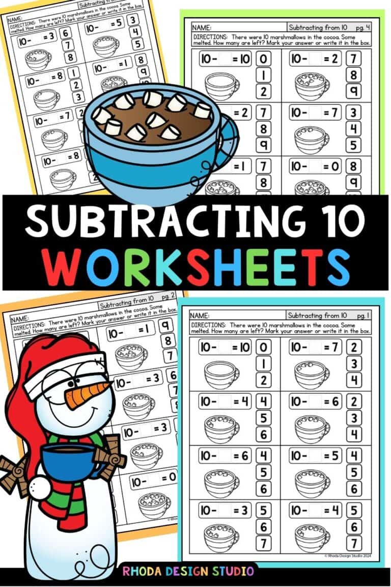Hot Cocoa and Marshmallows: Sweet Subtracting from 10 Worksheets