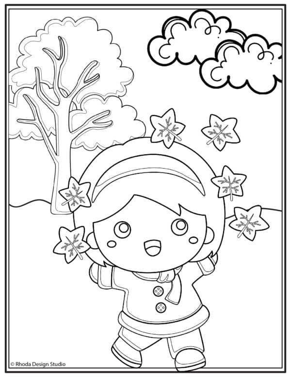 fall-coloring-pages_girl-leaves