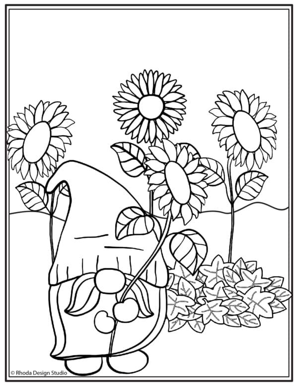 fall-coloring-pages_gnome-sunflower-patch