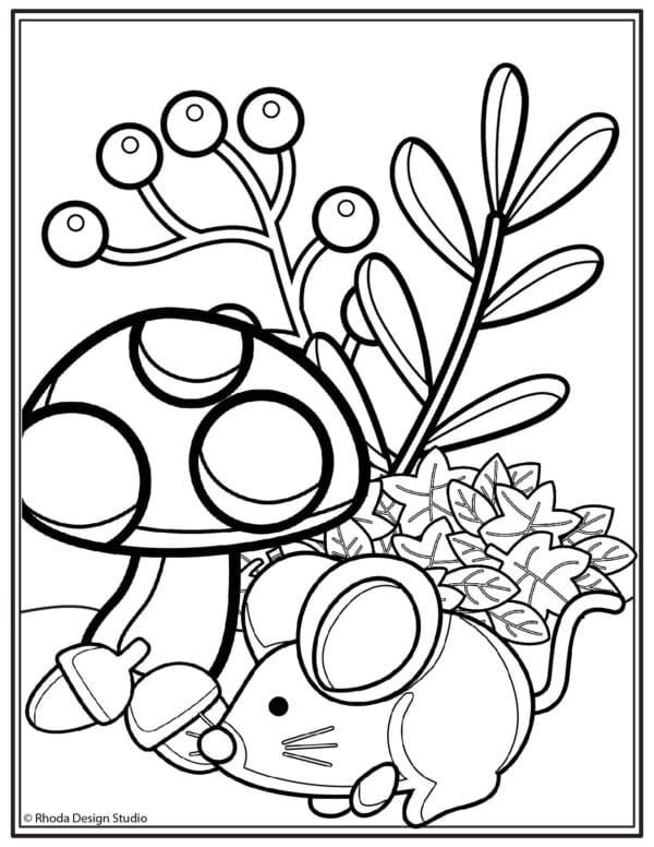 fall-coloring-pages_mouse-plants-mushroom