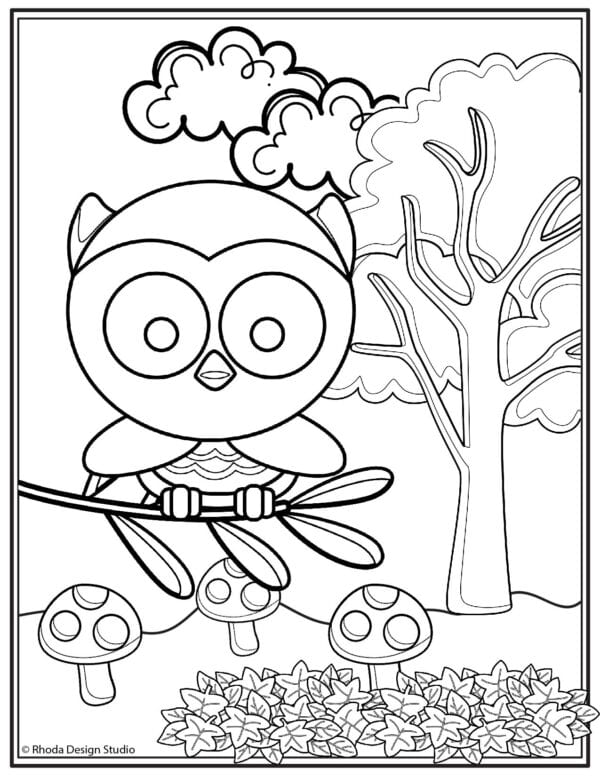 fall-coloring-pages_owl-mushrooms