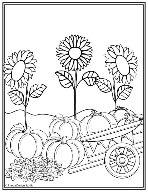 fall-coloring-pages_sunflowers-pumpkins